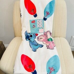 NEW Disney Stitch and Angel Christmas Plush Throw Blanket Holiday Lights 50x70